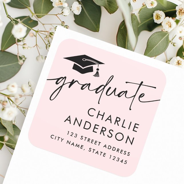 Sticker Carré Adresse de retour rose pâle du plafond de graduati (Graduate graduation cap light pink return address square sticker)