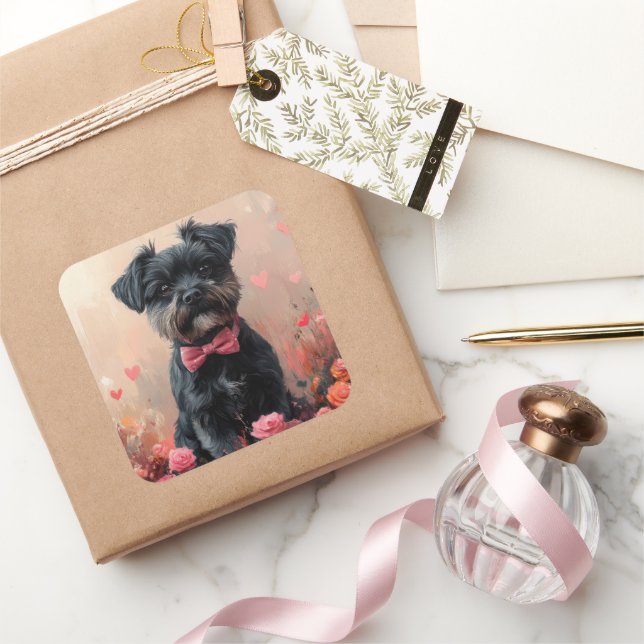 Sticker Carré Affenpinscher avec Rose - Saint Valentin (Cadeaux)