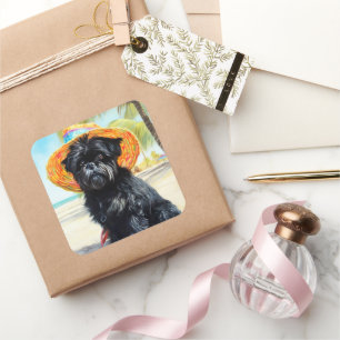 Sticker Carré Affenpinscher sur la plage, cadeau d'été pour les 