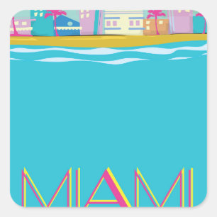 Sticker Carré Affiche de voyage à Miami des années 1980 vintage