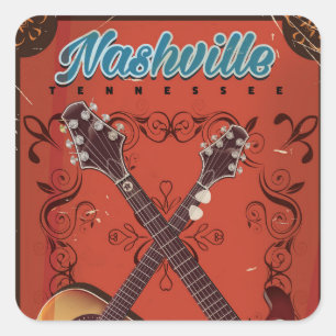 Sticker Carré Affiche de voyage vintage de guitare de Nashville,