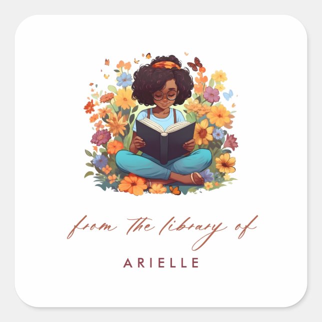Sticker Carré Afro American Girl Floral Library Plaques de réser (Devant)
