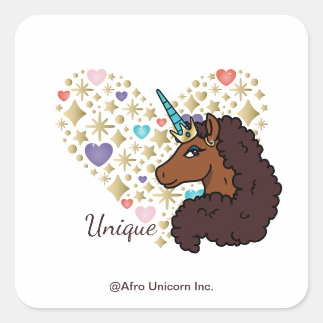 Sticker Carré Afro Unicorn | Design cardiaque unique (Devant)