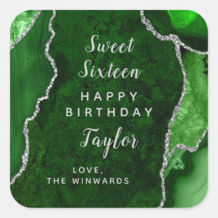 Sticker Carré Agate d'argent vert Sweet sixteen Joyeux anniversa