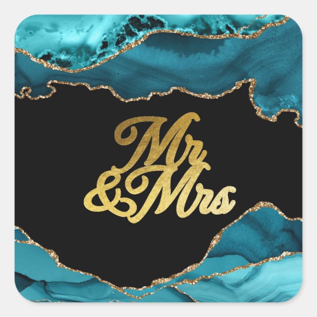 Sticker Carré Agate d'or Turquoise moderne M. & Mme Mariage (Devant)