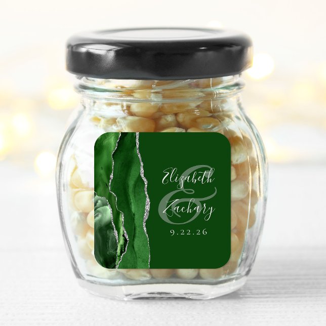 Sticker Carré Agate Geode Script Hunter Green Silver Mariage (Créateur téléchargé)