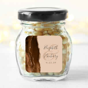 Sticker Carré Agate Géode Script Mocha Brown Gold Tan Mariage