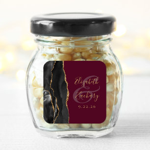 Sticker Carré Agate Géode Script Noir Or Bourgogne Mariage