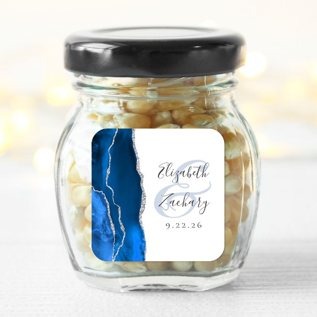 Sticker Carré Agate Geode Script Royal Blue Silver Mariage (Créateur téléchargé)