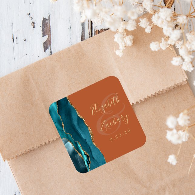 Sticker Carré Agate Géode Script Turquoise Or Brûlé Orange Maria (Créateur téléchargé)