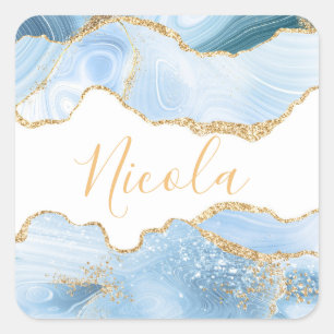 Sticker Carré Agate Marbre Baby Blue et Faux Or Paillettes