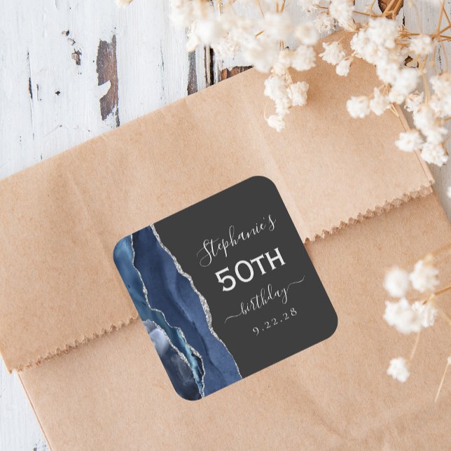 Sticker Carré Agate Marine Bleu Argent noir 50e anniversaire (Créateur téléchargé)