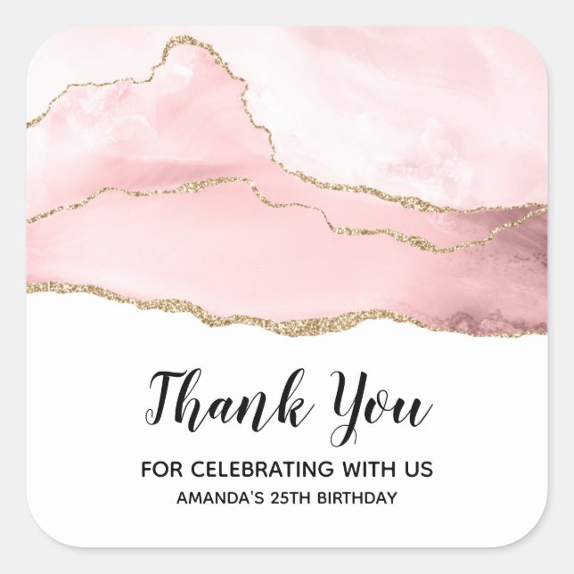 Sticker Carré Agate rose vierge avec Gold Ribbon Merci (Devant)