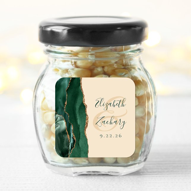 Sticker Carré Agate Script Emerald Green Champagne Mariage (Créateur téléchargé)