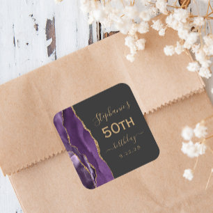 Sticker Carré Agate Script Violet Or Sombre 50e Anniversaire
