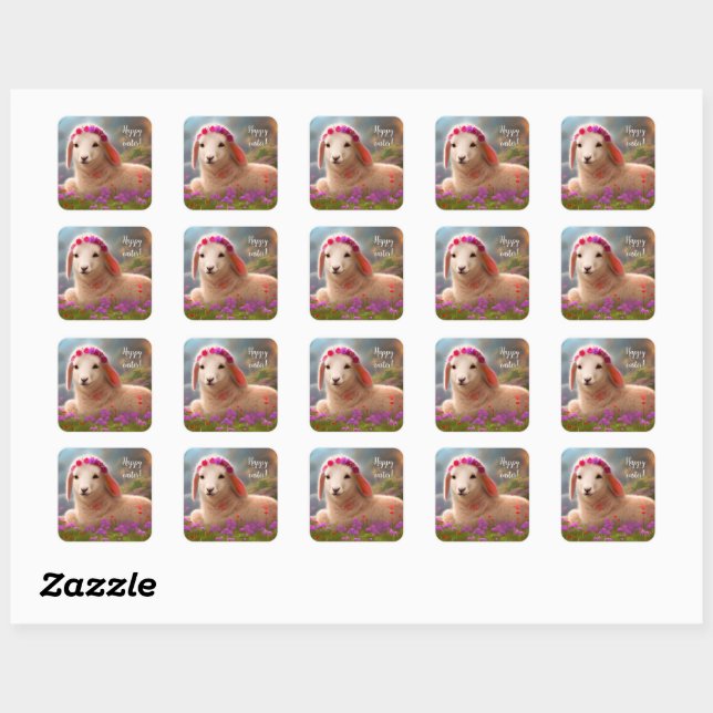 Sticker Carré Agneau pâque mignon avec fleurs - (Feuille)