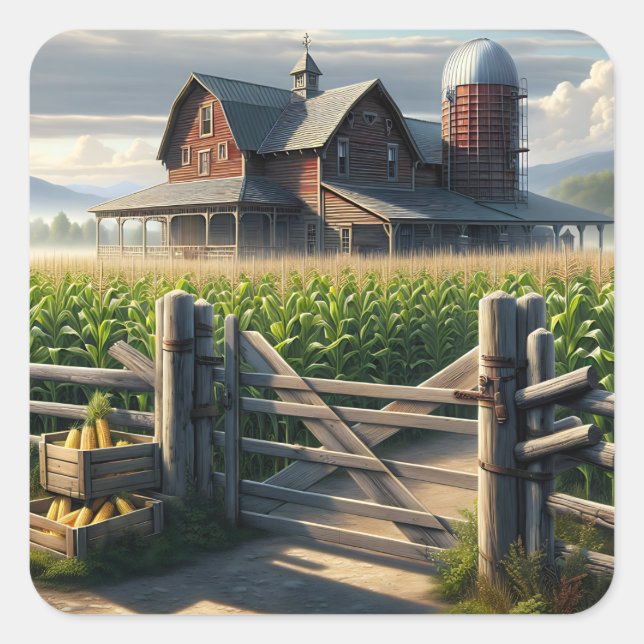 Sticker Carré Agritourisme rustique avec Cornfield Ai Art (Devant)