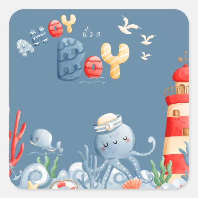 Sticker Carré Ahoy C'est un Baby shower nautique bleu garçon (Devant)
