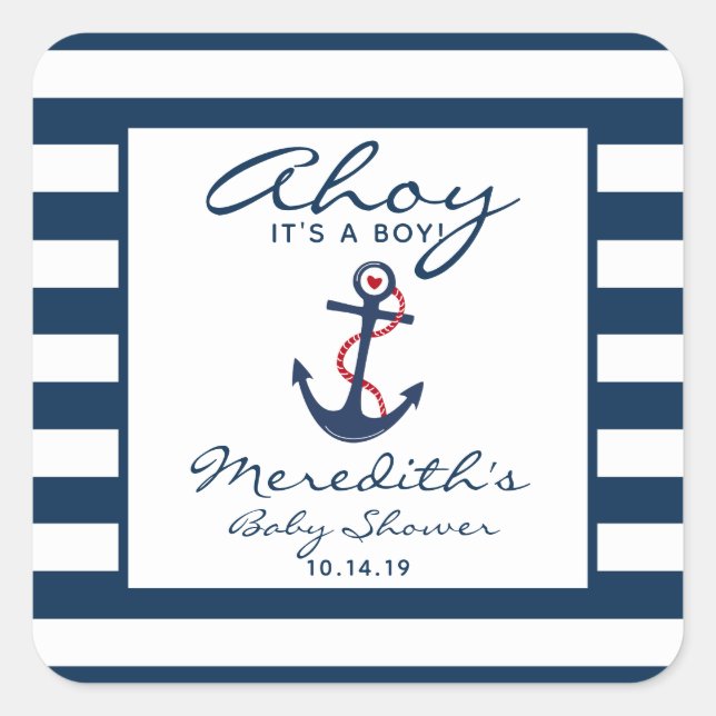 Sticker Carré Ahoy, c'est un Baby shower Nautique de garçon Favo (Devant)