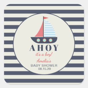 Sticker Carré Ahoy C'est un garçon Baby shower nautique