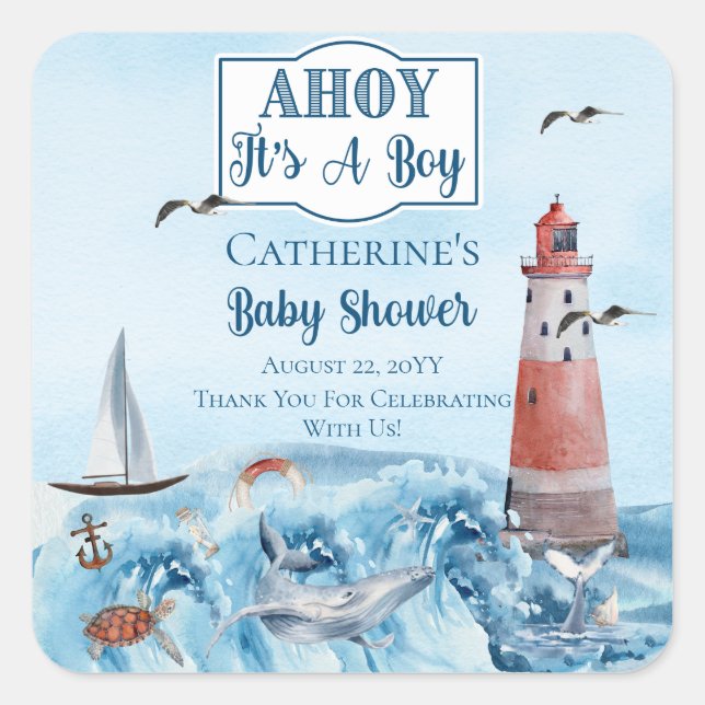 Sticker Carré Ahoy C'est un phare Baby shower Océan Boy (Devant)