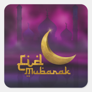 Sticker Carré Aïd Moubarak - Joyeux Aïd el-Fitr - violet et or
