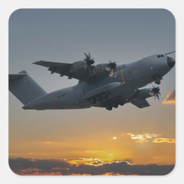 Sticker Carré Airbus A400M Au Coucher Du Soleil (Devant)