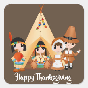 Sticker Carré Ajouter le message Thanksgiving Pilgrim Indians