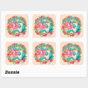 Sticker Carré Ajouter un nom Age Rose Sirène Blue Tail Anniversa