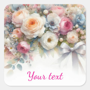 Sticker Carré Ajoutez Votre Texte Fleurs De Mariage Aquarelle