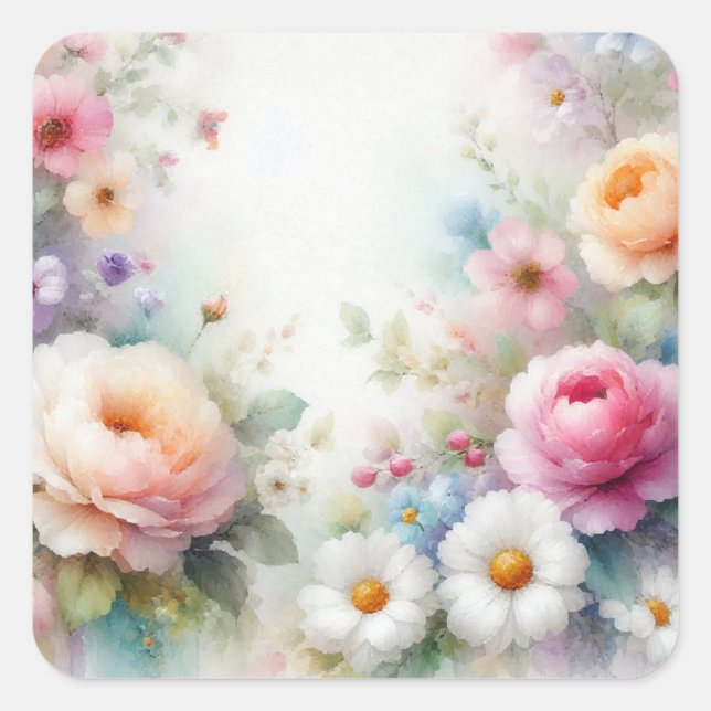Sticker Carré Ajoutez Votre Texte Modèle Vierge Fleurs Aquarelle (Devant)
