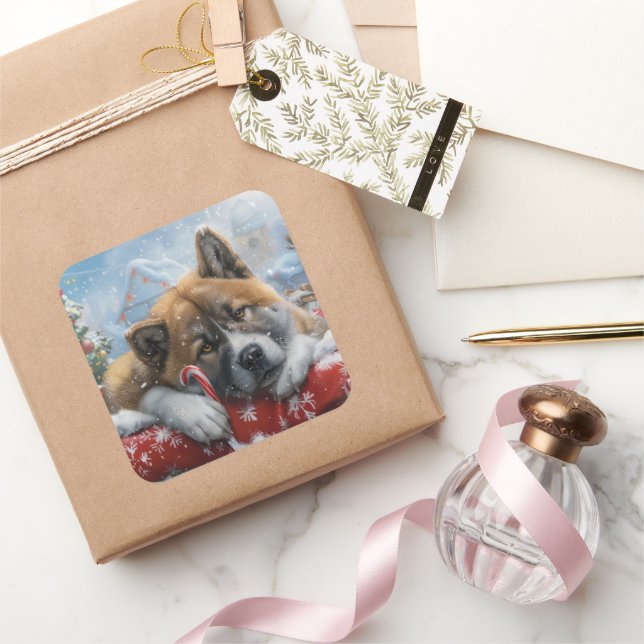 Sticker Carré Akita Chien Festive de Noël (Cadeaux)