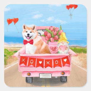 Sticker Carré Akita Chien Saint Valentin Coeurs de Camion