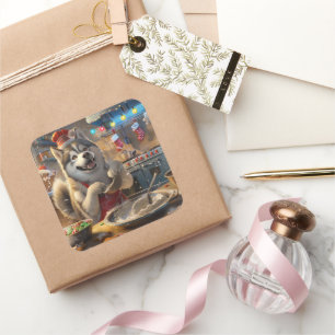 Sticker Carré Alaskan Malamute : Noël festif