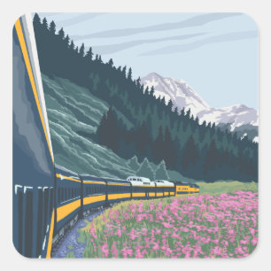 Sticker Carré AlaskaRailroad et Vintage voyage de Fireweed