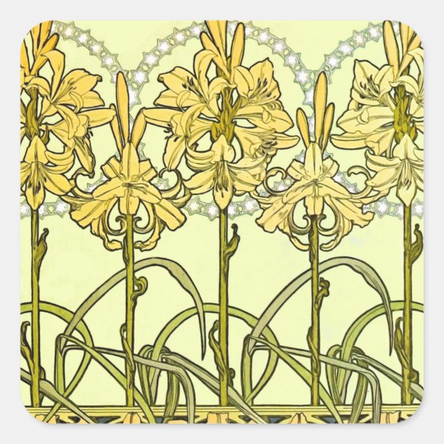 Sticker Carré Alfonse Mucha Art Nouveau Lily motif floral (Devant)