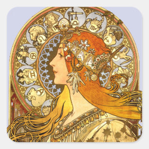 Sticker Carré Alfonse Mucha Zodiac Art nouveau femme