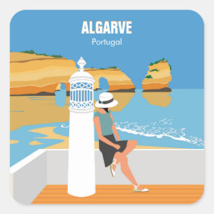 Sticker Carré Algarve plage fille voyage vintage style
