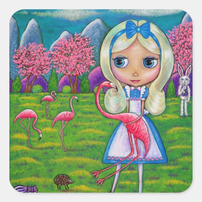 Sticker Carré Alice au pays des merveilles Flamant rose Croquet  (Devant)