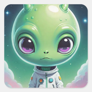Sticker Carré Alien à grand tête verte avec cornes