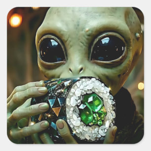Sticker Carré Alien Extraterrestre et Sushi Cristallin
