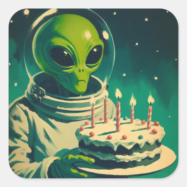 Sticker Carré Alien spatial avec soucoupe volante UFO de gâteau  (Devant)