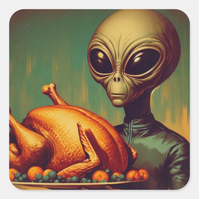 Sticker Carré Alien spatial avec Thanksgiving Turkey Retro (Devant)