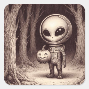 Sticker Carré Alien spatial d'Halloween avec Jack-O-Lantern