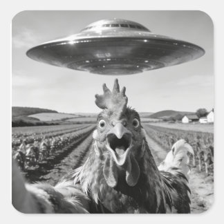 Sticker Carré Alien UFO Chicken Art Abduction SciFi Humor