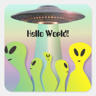 Sticker Carré Aliens et la soucoupe volante amusant
