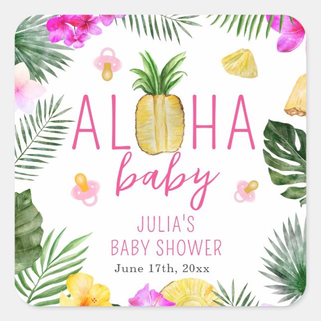 Sticker Carré Aloha Baby Pineappy & Pacifiers Baby shower Luau (Devant)