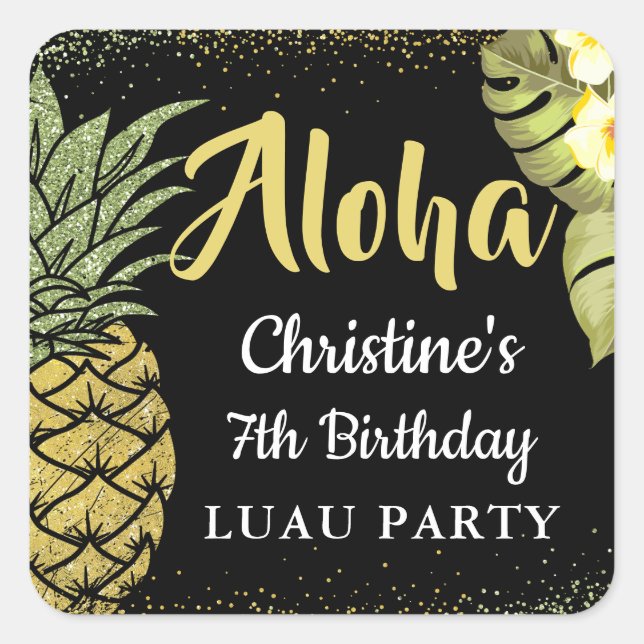 Sticker Carré Aloha Black Gold Parties scintillant ananas Floral (Devant)