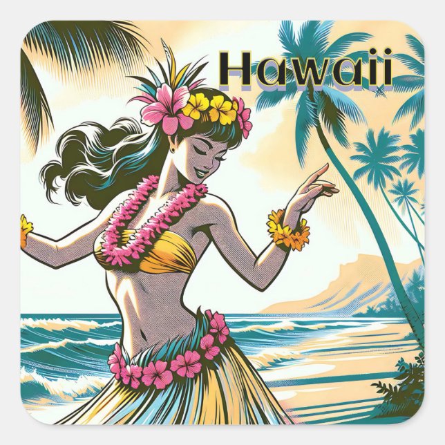 Sticker Carré Aloha | Hawaii Hula Dancer sur la plage (Devant)