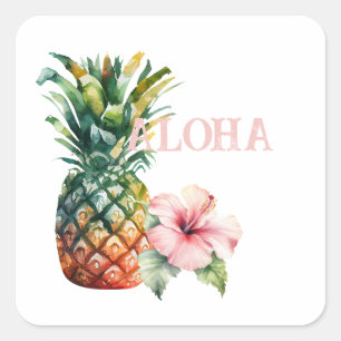 Sticker Carré Aloha Hibiscus Ananas à fleurs